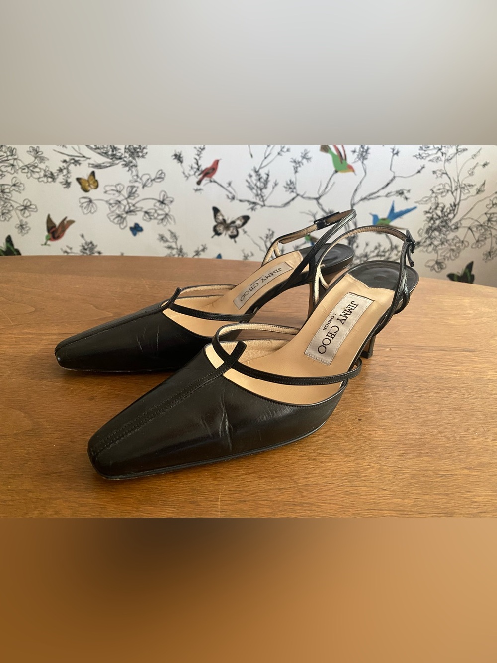 Vintage ‘90s/Y2K Jimmy Choo Black Leather Cutout Slingback Heels - Picture 2 of 16